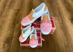 Each pair is hand-painted and sprayed with a protective coating to limit dirt and fade damage. PLEASE NOTE: Toddler sizes are only 2-10. Be aware of the sizes you are selecting. Thank you! Toddler Ice Cream, Donut Shoes, Ice Cream Birthday Party Theme, Ice Cream Shoes, Ice Cream Painting, Cream Vans