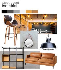 mood board industrial with leather furniture and lighting