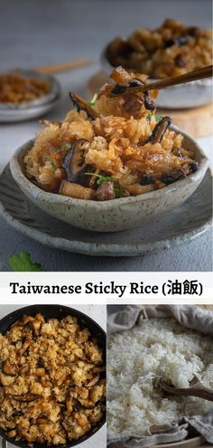 various pictures of rice and other foods in bowls