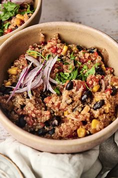 This easy Mexican Quinoa with black beans, pinto beans, tomatoes, and zucchini is a healthy vegetarian main course or side dish!  #dinner #lunch #sidedish #freezerfriendly #kidfriendly #makeahead