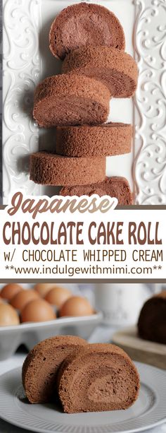 chocolate cake roll on a plate with eggs in the background and text overlay that reads japanese chocolate cake roll