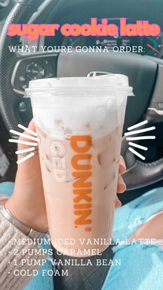 Dunkin Donuts coffee order sugar cookie latte medium vanilla iced latte, 2 pumps caramel, 1 pump vanilla bean, cold foam. Iced coffee order Iced Dunkin Drinks, Dunkin Donuts Order Ideas, Dunkin Chai Latte Order, Dunkin Latte Order, Dunkin Cold Brew Order, Dunkin Iced Latte Order, Diy Slushies, Dunkin Orders