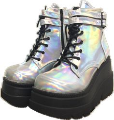 Metallic Heels With Reinforced Heel And Round Toe, Silver Platform Boots With Pointed Toe, Silver High-top Platform Boots, Silver Synthetic Boots With Round Toe, Iridescent Synthetic Round Toe Heels, Iridescent Synthetic Heels With Round Toe, Iridescent Round Toe Synthetic Heels, Metallic Round Toe Heels, Metallic Synthetic Heels With Round Toe