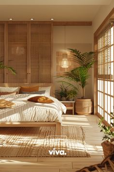 a bed room with a neatly made bed and plants