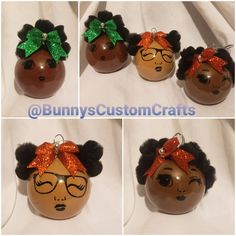 four different pictures of an ornament with hair and bows