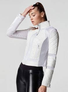 MOTO JACKET – Blanc Noir Online Store White Moto Jacket, White Jackets, Carbon 38, Long Leggings, Activewear Brands, Activewear Fashion, Yoga Fashion, Sherpa Jacket, Striped Leggings