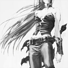 a drawing of a woman with long hair and leather pants, holding a knife in her hand