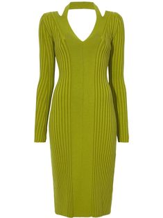 halterneck ribbed-knit dress from Proenza Schouler White Label featuring light green, cotton, ribbed knit, halterneck, V-neck, long sleeves and below-knee length. Proenza Schouler Dress, Green Knit Dress, Chartreuse Green, Fall Winter Dresses, Going Green, Ribbed Knit Dress, White Label, Women's Wardrobe, Fall Shopping