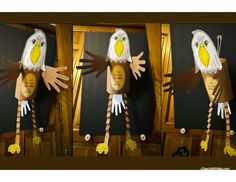 three pictures of an eagle made out of paper and cardboard, with the same bird on it's legs