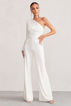 Mila | White One Shoulder Ruched Wide Leg Jumpsuit Jump Suites Elegant Wedding, Evening Fitted Jumpsuit With Asymmetrical Neckline, Fitted Evening Jumpsuit With Asymmetrical Neckline, Elegant Fitted Jumpsuits And Rompers For Dinner, Elegant White Jumpsuits And Rompers For Night Out, Fitted Jumpsuit With Asymmetrical Neckline For Evening, Elegant White Jumpsuit For Formal Occasions, Chic Fitted Jumpsuits And Rompers For Dinner, Elegant Fitted Jumpsuit For Wedding Guest