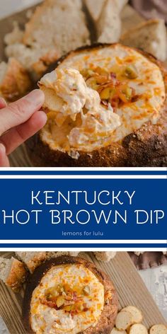 kentucky hot brown dip with crackers on the side and bread cut in half to show it's filling