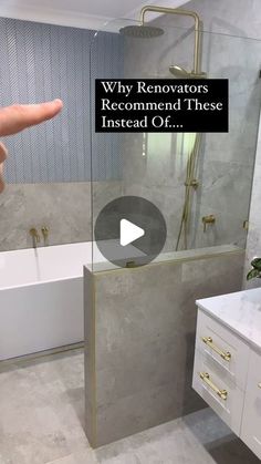 a person pointing at a bathroom with a bathtub and sink in the background that says, why renoovators recommend these instead of