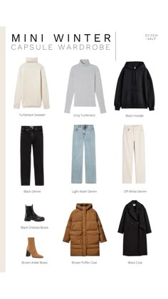 A ten piece mini capsule wardrobe with ten minimal outfit ideas. For outfit details, see the blog post below.   https://stitchandsalt.com/mini-winter-capsule-wardrobe/ Country Club Capsule Wardrobe, Lightweight Winter Outfits, Jeans Marron, Contrast Outfit, Sweat Noir, Japan Winter, Winter Travel Outfit