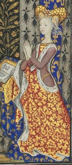 an illustration of a woman in medieval dress holding a book and wearing a tiara