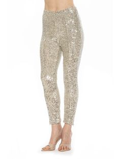 Elevate your wardrobe with our Daena Leggings. Boasting a high waist for a flattering silhouette, and crafted from luxurious stretch material adorned with shimmering sequins, these fitted leggings are the epitome of elegance and sophistication. Perfect for any occasion, they will add a touch of luxury to your look. Embellished Leggings, Silver Leggings, Sequin Pant, Beige Leggings, Sequin Leggings, Suede Leggings, Floral Shoes, Fringe Skirt, Stretch Leggings