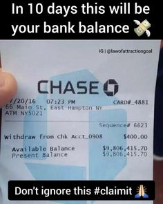 someone is holding up a fake chequed chase q ticket for $ 10 days this will be your bank balance