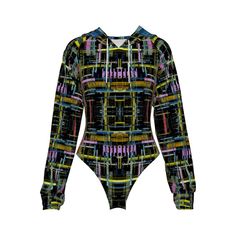 A hooded bodysuit with a cool rainbow coloured tech glitch pattern. The pink x black glitch and rainbow argyle glitch turtleneck bodysuits are quite popular so I'm adding even more glitch bodysuit options. The bodysuit design is a slim fit for showing off your shape and the raglan sleeves are a looser fit for extra comfort. It can be paired with jeans and trainers for an everyday outfit or with a mini skirt and platforms for a rave ready look. Don't forget to check out the rest of the glitch pro Casual Printed Multicolor Bodysuit, Casual Multicolor Printed Bodysuit, Trendy Stretch Multicolor Bodysuit, Spring Multicolor Stretch Bodysuit, Trendy Multicolor Printed Bodysuit, Multicolor Stretch Bodysuit Casual Style, Casual Multicolor Stretch Bodysuit, Stretch Multicolor Graphic Print Bodysuit, Stretch Long Sleeve Bodysuit With Graphic Print