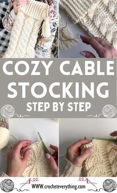 a collage of photos showing how to crochet the cozy cable stocking