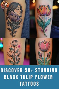 four different tattoos with flowers and leaves on their arms, one has a woman's face