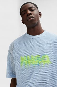 HUGO - Mesh oversize-fit T-shirt with new-season logo Blue T Shirts, Lighting Logo, Mock Ups, Blue Tshirt, Hugo Boss, Oversized Fits, Online Store, Light Blue, Mesh