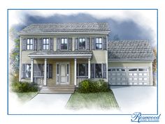 this is an artist's rendering of a two - story house with garages