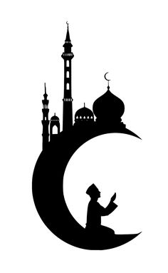 the silhouette of a person sitting on top of a crescent with a mosque in the background