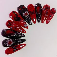 Vampire Themed Nails, Vkei Nails, Red Vampire Nails, Vampire Nails Gothic, Quinceanera Nails