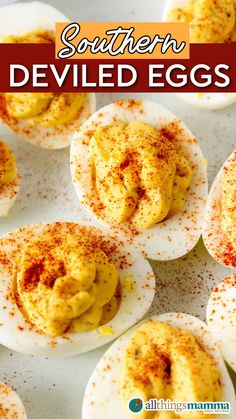 A tray of Southern deviled eggs filled with creamy yolk mixture, topped with a sprinkle of paprika and Old Bay seasoning. The vibrant yellow filling contrasts beautifully with the white egg halves, creating a perfect appetizer display. Sweet Pickle Relish, Southern Deviled Eggs, Keto Appetizers, Classic Appetizers, Crowd Pleasing Appetizers, Sweet Pickles, Easy Brunch, Pickle Relish, Old Bay