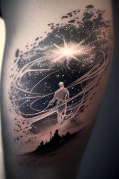 a man's thigh with an artistic tattoo design on it