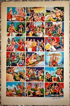 an old poster with many images of people in different poses and colors on the wall