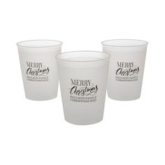 three white cups with merry christmas designs on them