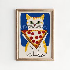 a painting of a cat holding a slice of pizza