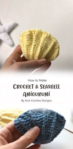 the crochet seashell amigurmi pattern is shown in two different colors