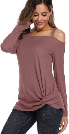 Women's Casual Cold Shoulder T-Shirt Short/Long Sleeve Tunic Tops Front Knot Side Twist Blouses. Material: 35%cotton+60%polyester+5%spandex,Super Soft,Stretchy and Comfy. Features: Pretty casual top.Short sleeve, Cold shoulder, Solid color sweatshirt, Tunic tops, Side Twist Knotted t-shirts Occasion:Suitable for daily wear, home, working, sport, party, school, holiday etc. Perfectly paired with jeans, shorts, skinny leggings, jeggings for a decent look. T Shirt Knot, Long Sleeve Blouses, Shoulder Shirts, Cold Shoulder Top, Twist Front, Casual Blouse, Fashion Tops, Womens Fashion Casual, Long Tops