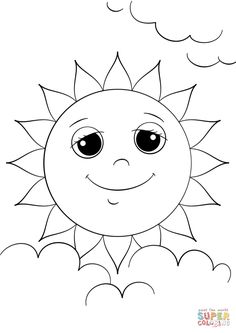 a cartoon sun with big eyes and clouds in the sky coloring page for kids to color