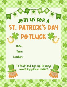 a st patrick's day potluck party flyer with shamrocks on it