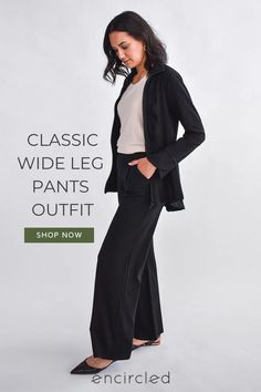 Appropriate office attire should be comfortable. This classic wide leg pants outfit is made of sweatpant-like fabric but is dressy enough for work or a night out. With functional pockets, a tailored fit, subtle front pleats, and 4-way stretch, this capsule wardrobe foundation will keep you comfortable all day. Relaxed Fit Wide-leg Dress Pants For Workwear, Tailored Ankle-length Wide Leg Pants, Versatile Wide Leg Pants For Business Casual With Pockets, Relaxed Fit Ankle-length Wide Leg Pants For Business Casual, Versatile Tailored Wide Leg Dress Pants, Tailored Wide-leg Dress Pants, Relaxed Fit Full Length Dress Pants For Business Casual, Relaxed Fit Dress Pants For Business Casual, Versatile Wide-leg Dress Pants With Relaxed Fit