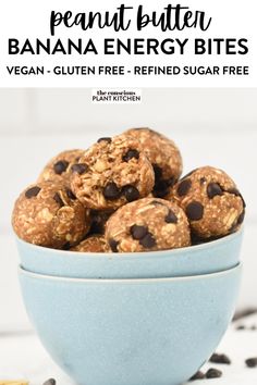 no bake peanut butter banana energy bites in a blue bowl with chocolate chips on the side