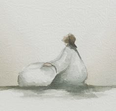 a watercolor painting of a woman sitting on the ground with her back to the camera