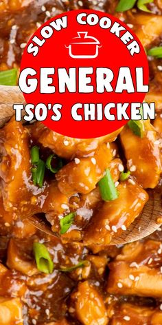 slow cooker general tso's chicken with sesame seeds and green onions on top