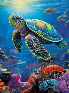 a painting of a sea turtle swimming in the ocean with corals and other fish