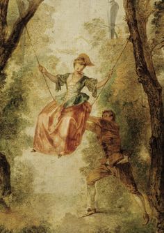 a painting of a man and woman swinging on a swing in the woods with trees