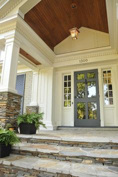 the front door of a house with two potted plants