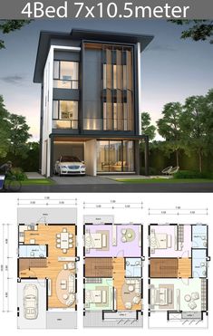 three story house plan with 4 beds and 1 5 meters from the ground level, it has