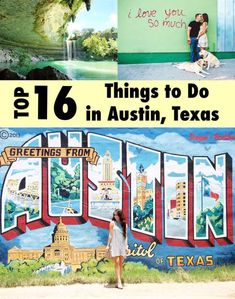 there is a woman standing in front of a mural with the words things to do in austin, texas