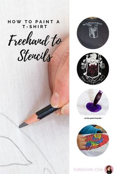 a person is drawing with pencils and some other things in front of them, including the words how to paint a t - shirt freehand to stencils