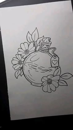 a drawing of a vase with flowers on it