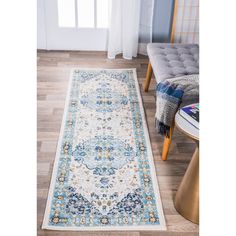 a blue and white runner rug in a living room