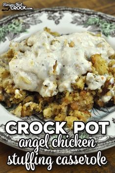 crock pot angel chicken stuffing casserole on a plate with the title above it