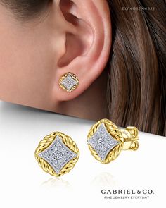 14K Yellow-White Gold Pavé Diamond Stud Earrings with Twisted Rope EG14052M45JJ #GabrielNY #UniqueJewelry #FineJewelry #GabrielAndCo #FineJewelry #FashionJewelry #UniqueJewelry #GiftIdeas #DiamondJewelry #Jewelry #gabrieljewelry #UniqueGifts #Jewelry #Design #HandcraftedJewelry #Elegance #DiamondEarrings #UniqueEarrings #Yellow-WhiteGoldEarrings #Yellow-WhiteGoldFashionEarrings #GoldEarrings #Studs #DiamondStuds #PavéDiamondStudEarrings #TwistedRope #14k #14kYelloe-WhiteGoldEarrings Gabriel Jewelry, Earrings Studs, Buying Diamonds, Diamond Stud Earrings, Flower Earrings Studs, Diamond Stud, Unique Earrings, Diamond Earrings Studs, Diamond Studs